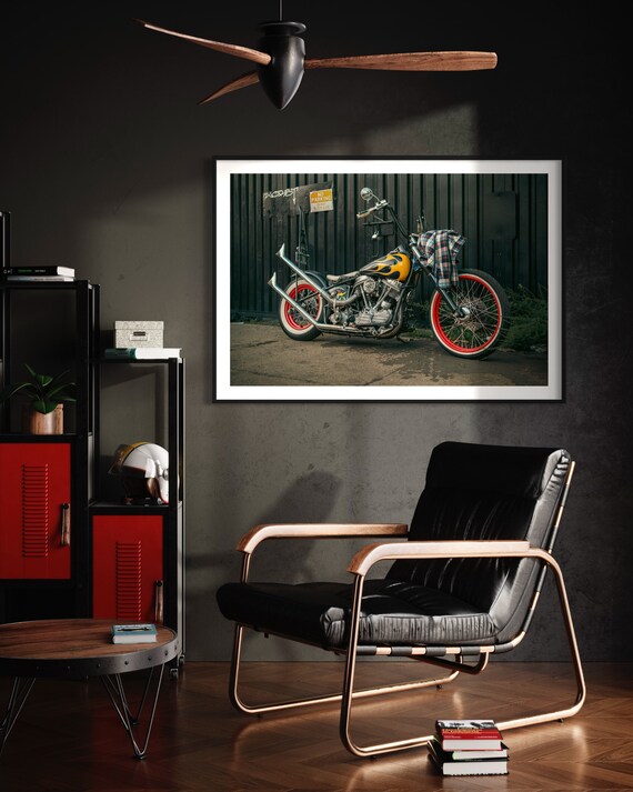 Fine Art Print - Classic Chopper Wall Art  - Motorcycle Photography Print- Vintage Biker Flame Indian Larry Modern Art Deco Poster Photo