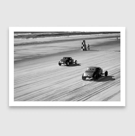 Fine Art Print - Rolling Bones Vintage Hot Rod Beach Race – Black White - Monochrome TROG Wall Decor