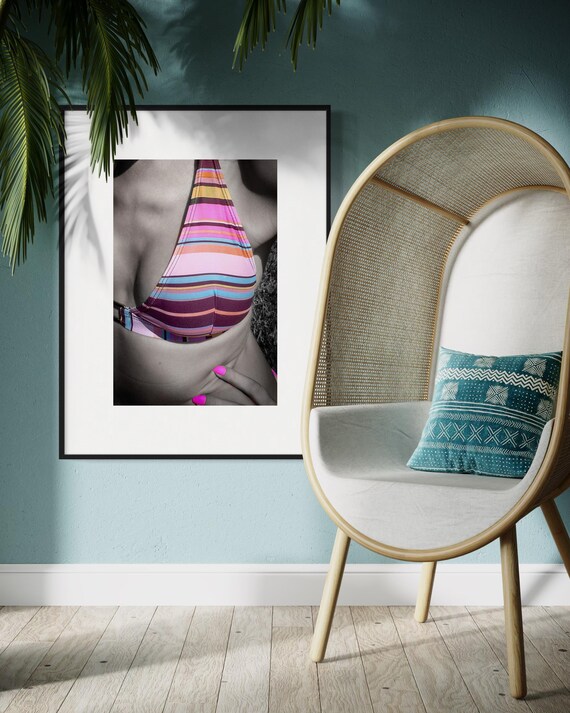 Vibrant Bikini Wall Art - Colorful Striped Swimsuit with Neon Pink Accents - Bold and Playful Photography for Modern Decor