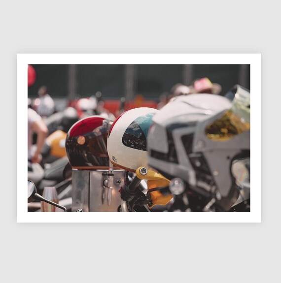 Fine Art Print - Motorcycle Wall Art Helmet Colorful Row | Cafe Racer Motorcycle Wall Art by Gil Stunner, Custom Bar Decor, Motorcycle Gift