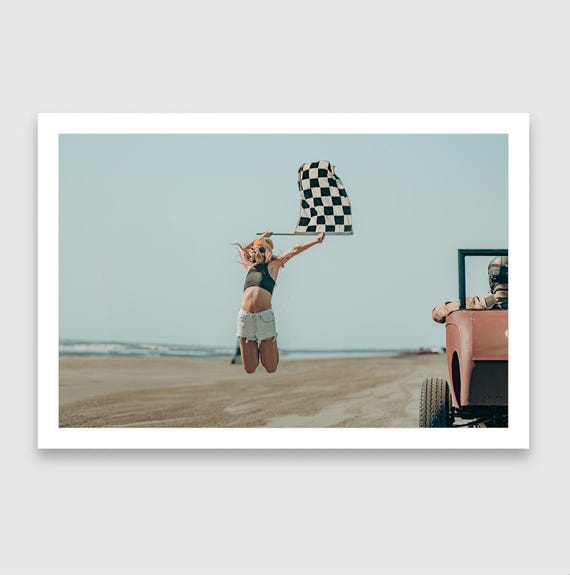 Fine Art Print - Hot Rod Beach Racing Flag Girl – TROG Checkered Flag Vintage Wall Decor - Pin Up