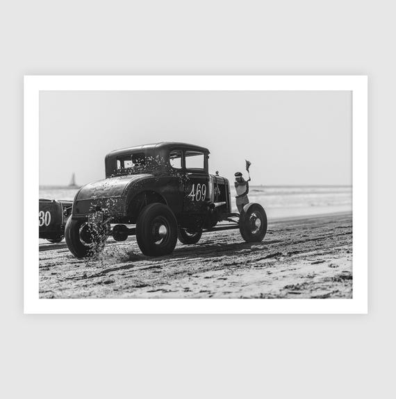 Fine Art Print - Vintage Hot Rod Drag Race Wall Art, Flag Girl TROG Beach Photo, Black White Car Photo, Classic Car, Americana Decor, poster