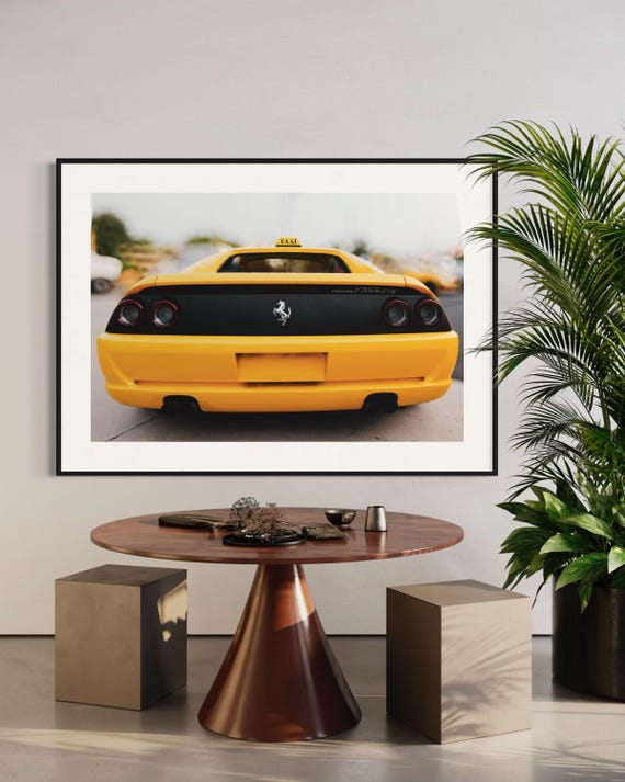 Fine Art Print - Yellow Ferrari F355 wall art, Yellow Taxi sign, luxury supercar decor for garage or office, modern automotive Poster, Gift