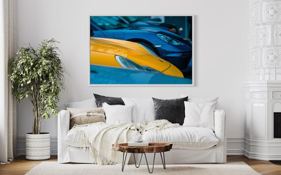 Fine Art Print - Yellow Blue Porsche 911 Wall Art, Colorful Carrera Lineup, Automotive Decor, Cayman, Boxster, Office Decor Gift for Car Guy