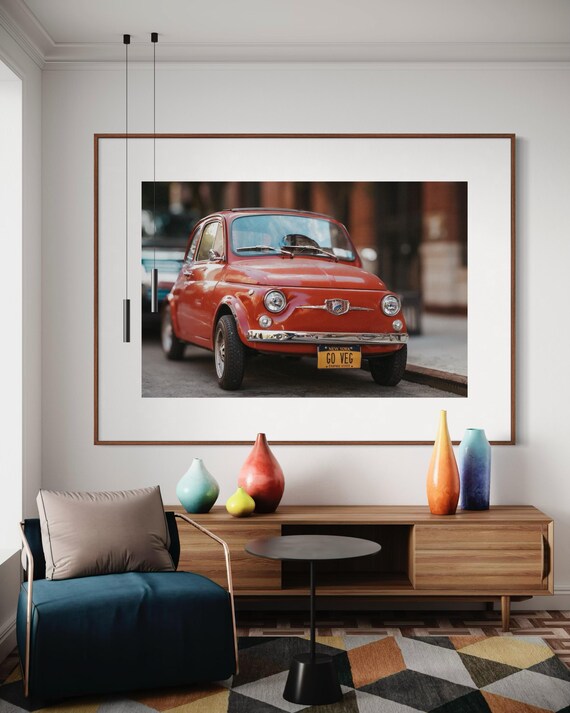 Vintage Fiat 500 with “GO VEG” Plate Print | Classic Fiat Decor Poster |  Wall Art | Vegan Decor | Gil Stunner Fine Art