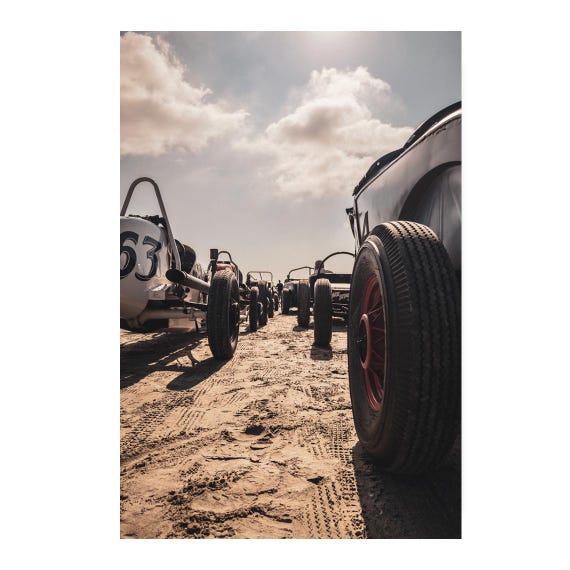 Fine Art Print - Vintage Hot Rod Line up Beach Wall Art, Coastal Car Garage, TROG Racing, Americana Decor, Vintage Beach Drag Race, Gift