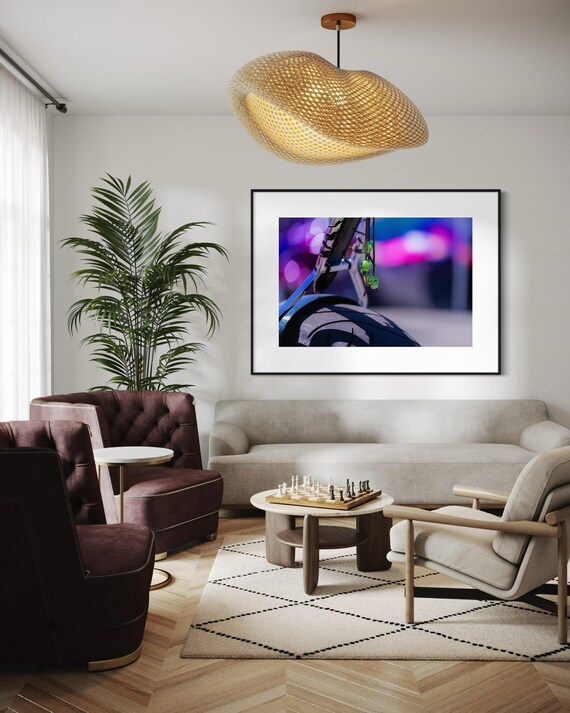 Vibrant Motorcycle Rear Fender Detail with Neon Green Skull Charms - Bokeh Art Photography for Modern Decor Wall Art Print Poster