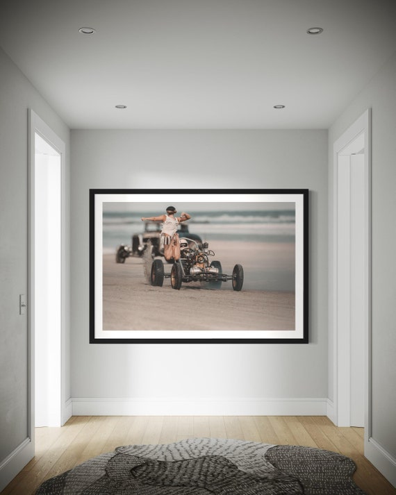 Fine Art Print - Hotrod Beach Drag Racing, Flag girl - TROG Photo - Exclusive Shot from The Race of Gentlemen TROG retro poster print