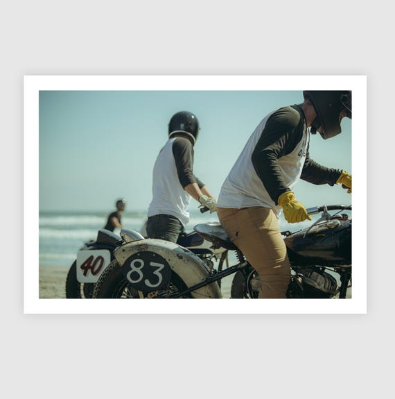 Fine Art Print - Motorcycle & Hot Rod Racers on Beach, Vintage TROG Race, Harley Davidson, Indian Wall Art, Garage poster, Biker Gift