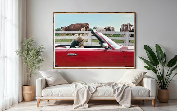 Fine Art Print - Red Convertible farmhouse wall art print, rural cows and white fence country drive, rustic decor, Modern, Vintage, Mercedes