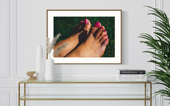 Fine Art Print - Lifestyle Summer Wall Art - Close-Up of Feet with Pink Nail Polish on Grass - Outdoor Decor for Home Decor, Poster, Gift