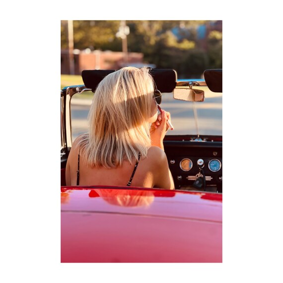 Lipstick Convertible Summer Vibes Art, Woman Driving Classic Car, MG Midget Fashion Red Car Print Timeless Glamour, Gift, Decor, Vintage