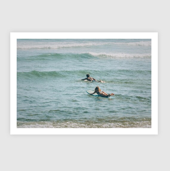 Fine Art Surf Print - 2 surfers in the water paddling, Surf Wall Art, Coastal Wall Decor, Ocean Beach, San Diego, Sunset Cliffs, California