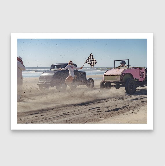 Fine Art Print, TROG Hot Rod Start Photo, Flag Girl, Pink, Vintage Checkered Beach Race, Car Wall Art, Racing, Americana Garage Decor