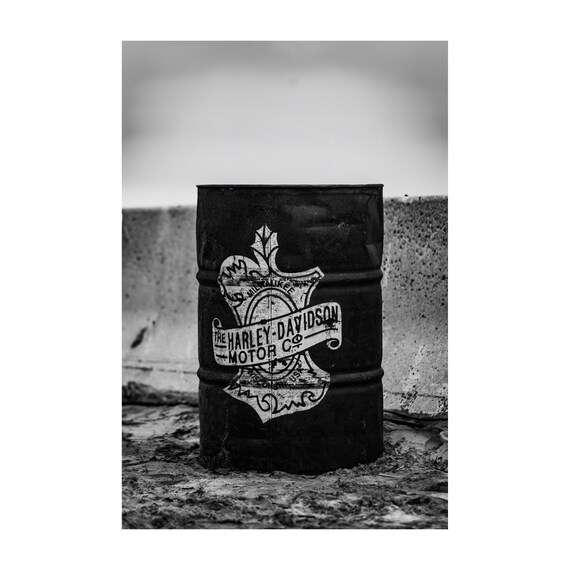 Harley Davidson Barrel Fine Art Print: Gritty Biker Garage Decor