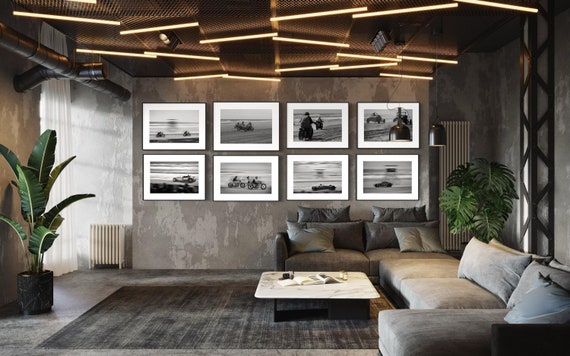 Fine Art Racing Wall Art Collection - Set of 8 Black White Monochrome Beach Drag Racing Wall Art - Hotrod Motorcycle Print Poster - TROG