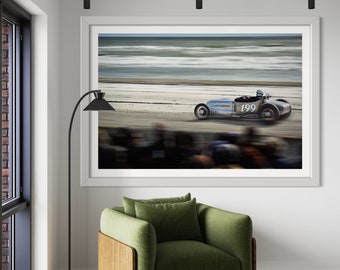 Beach Drag Race Art Print: Chrome Rat Rod #199 Amidst Ocean, Beach, Sand - Perfect Fusion of Vintage Americana