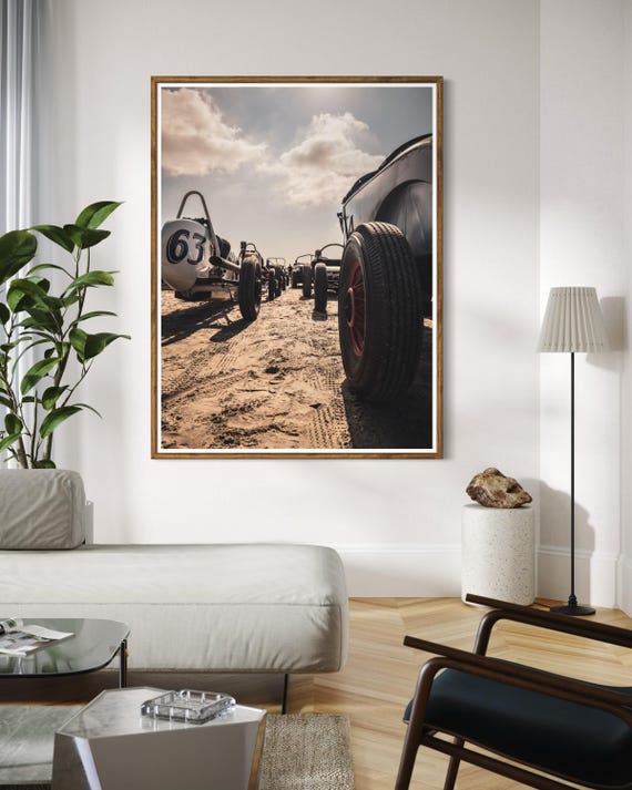 Fine Art Print - Beach Hot Rod Lineup, Vintage Racing Cars on Sand, TROG, Coastal Wall Art, Office Garage Decor, Gift for home decor