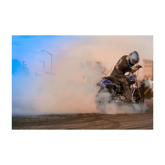 Dyna Motorcycle Burnout Art: Action Photography for Garage Decor