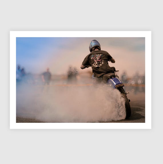 Fine Art Print - Motorcycle Burnout Wall Art, Harley Davidson Dyna, Stunt Biker Decor, Indian Larry, Wheelie, Poster