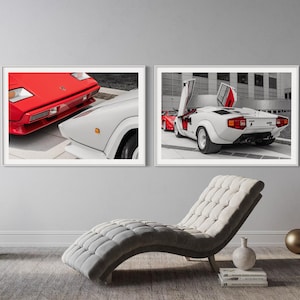 Lámina artística - Lamborghini Countach - Juego de 2 láminas - Decoración de pared, regalo para entusiastas de los coches, póster, cueva del hombre, arte mural colorido