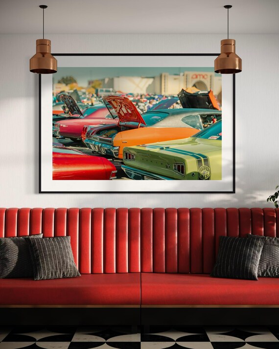 Classic American Muscle Cars Wall Art – Vibrant Retro Muscle Car Print – Nostalgic Pop Color Decor Automotive Fine Art  Pin-up Poster