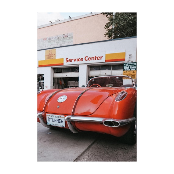 Fine Art print - 1950s Corvette at the service station Wall art, Retro Red Convertible, Classic Car Decor for Office, Home dec or, or shop