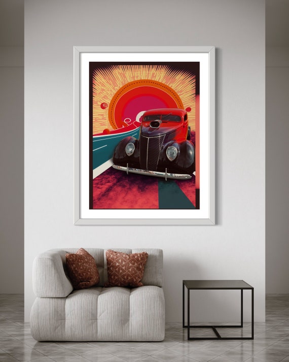 Sunset Boulevard Vintage Car Poster - Retro 70s Muscle Car Wall Art - Colorful Urban Road Trip Decor Fine art Print