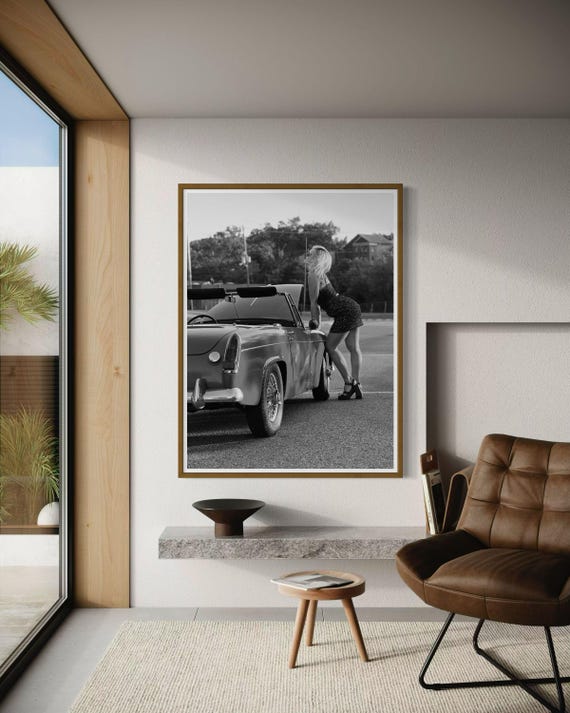 Retro Pop Art Wall Art | Vintage Pin Up Fine Art Print | Black White Classic Car Beauty Wall Decor | Retro Pop Art Portrait  Woman Wall Art