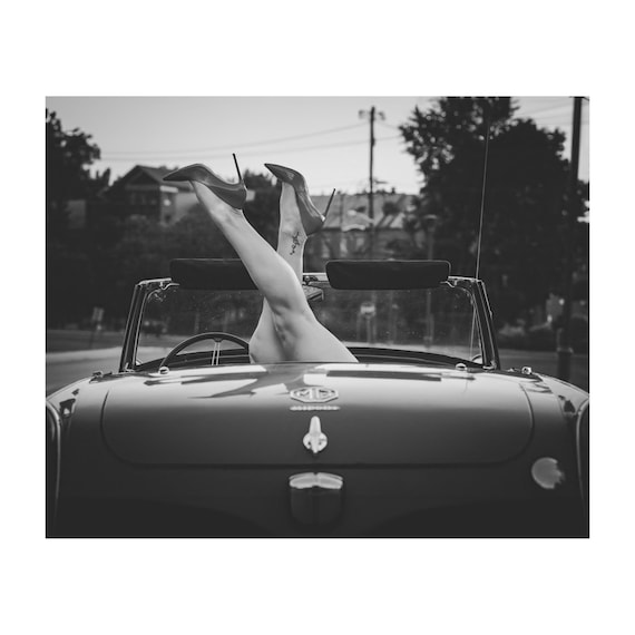 Fine Art Print - Elegant High Heels in Classic MG Convertible Print, Retro Car Photography, MGB MG Midget Black and White Wall Art  Poster