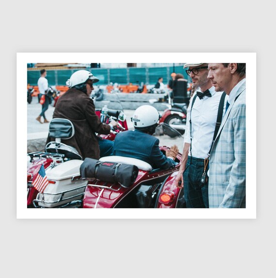 Fine Art Print - Side Car Vintage Motorcycle Wall Art, New York Retro Dapper Gentlemen, American Flag, Cafe Racer, Man Cave Decor Gift