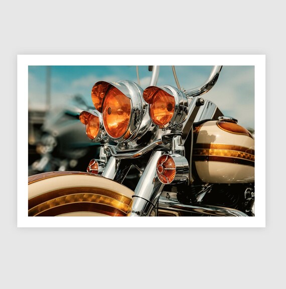 Classic Harley Davidson Motorcycle Chrome and Amber Lights Wall Art, Retro Bike Photography Print, Unique Decor for Biker Enthusiasts