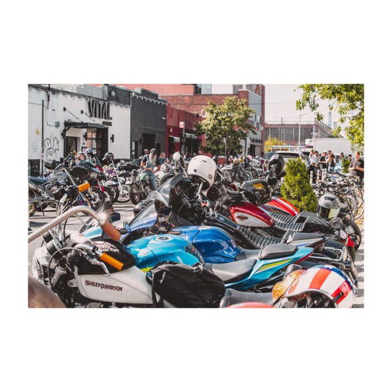 Fine Art Print - Colorful Motorcycle Meetup  in Brooklyn, Urban Color Photo, Bike Culture Wall Art, garage, man cave, office decor gift,