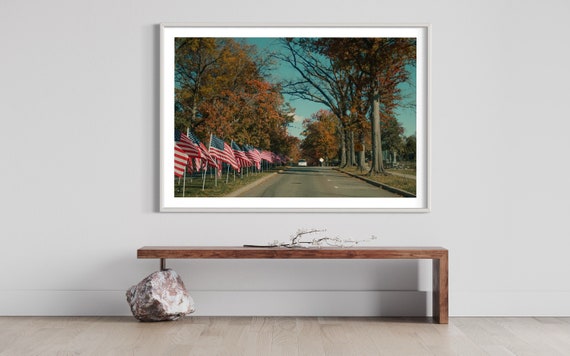 Patriotic Passage - American Flags Lining a Fall Road - Seasonal Landscape Photography Print Wall Art Decor Poster