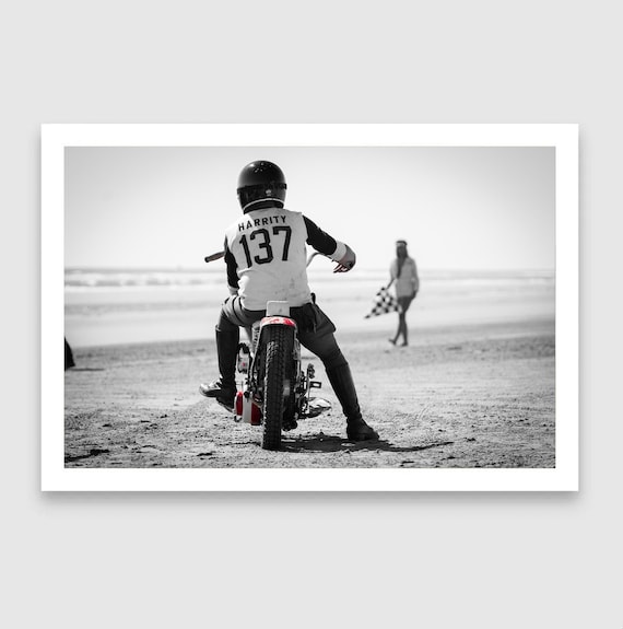 Fine Art Print - Motorcycle Beach Racing with Flag Girl – TROG Vintage Coastal Wall Decor - Black And White - Pin Up