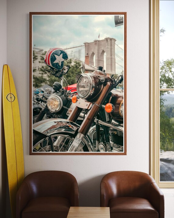 Fine Art Print - Royal Enfield x Brooklyn Bridge | Cafe Racer British Americana Motorcycle Wall Art by Gil Stunner, New York City Bar Decor