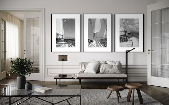 Black and White Wall Art Set of 3 - Sailing Art Photography Prints for Coastal Decor- Captivating Ocean Boat Poster Print - Vertical Art