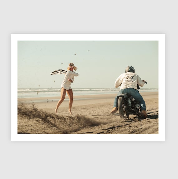Fine Art Print - Vintage Motorcycle Beach Race Start – TROG Harley Davidson Motorcycle,  Flag Girl & Motorcycle Rider Print, Garage Decor