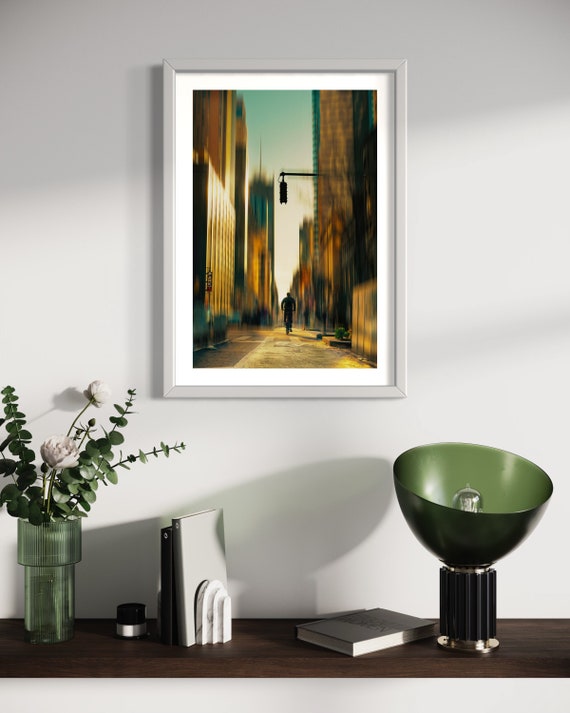 Fine Art print - Gold Sunset New York City street, bicycle cyclist Art, Modern urban decor, office gallery home, Cyclist Gift, Manhattan