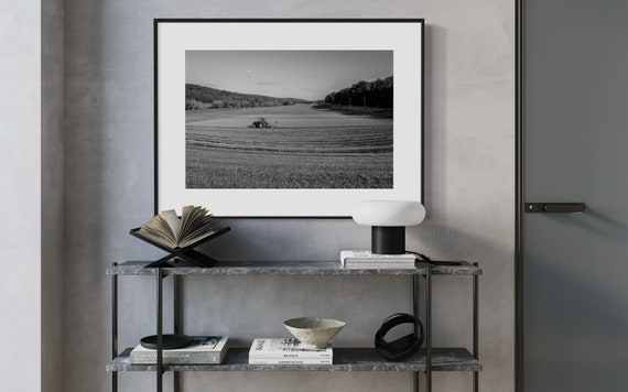 Fine Art Print - Rustic Farm Field Wall Art, Black and White Landscape Print, Upstate New York, Vintage Tractor Barn Decor Poster
