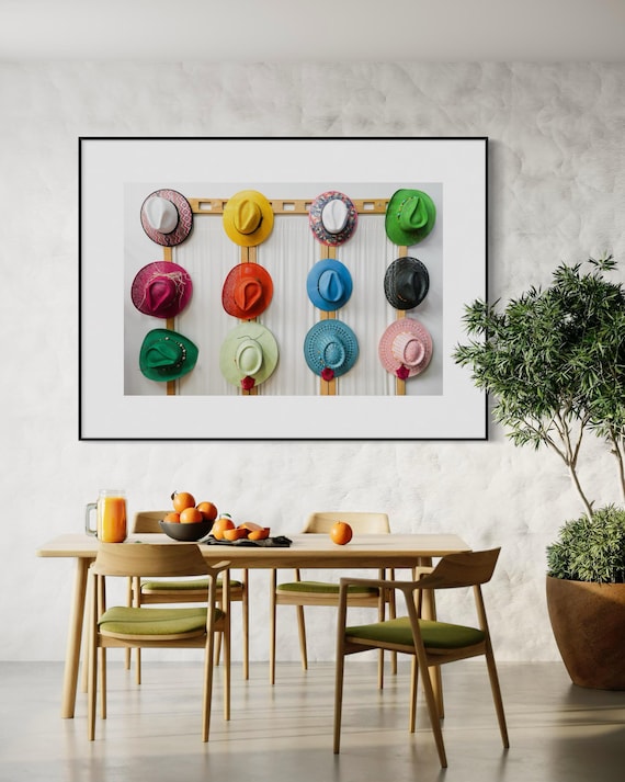 Fine Art Print - Colorful Hat Display Wall Art, Straw Hats Decor, Boho Decor, Colorful Accent for Living Room, Housewarming Gift, Patio