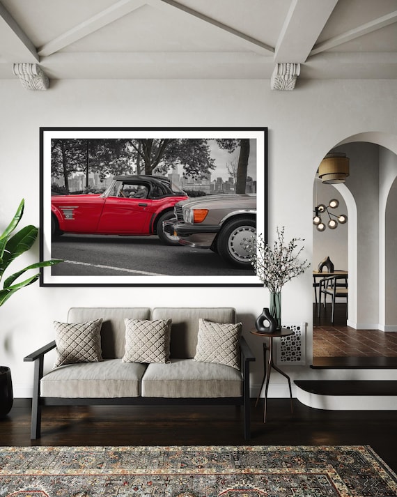Fine Art Print - Mercedes 107 SL and MG A Roadster with New York City Skyline, 80s Style, Contemporary Decor, 380SL, 450Sl, 560, Gift for