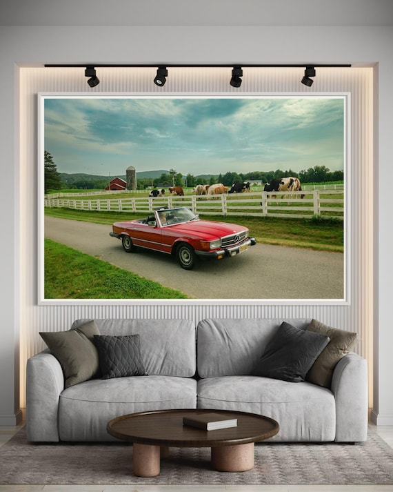 Fine Art Print - Classic Red Mercedes in the countryside by Cows and Farm Road wall art, 380Sl, 450SL, 560SL, 107SL, Vintage, barn decor