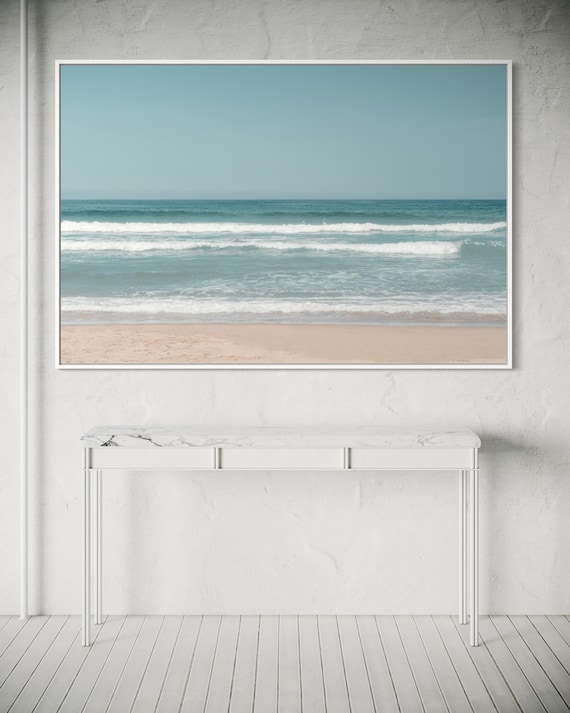 Fine Art Print - Neutral coastal ocean horizon photo, minimalist seafoam ocean waves wall art for serene home decor, calming beach decor