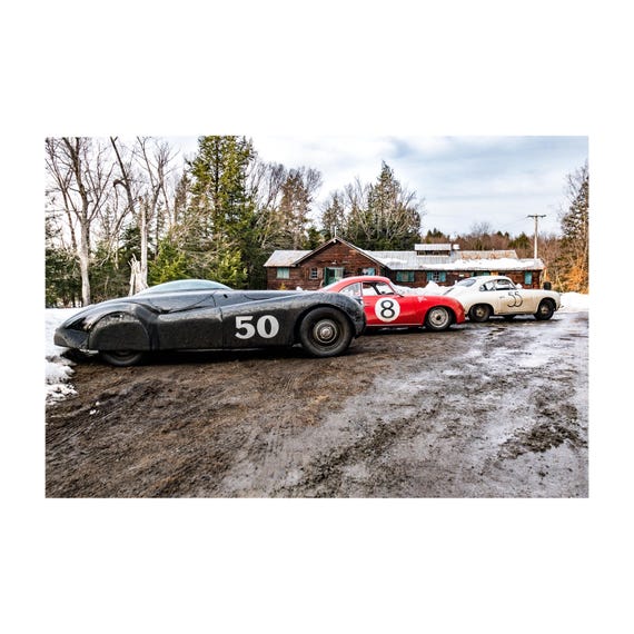 Fine Art Print - Vintage Ski Cabin, Porsche 356, Jaguar Wall Art , Vintage Racing Car Poster for Chalet Cabin Decor, Gift Ideas, Gil Stunner