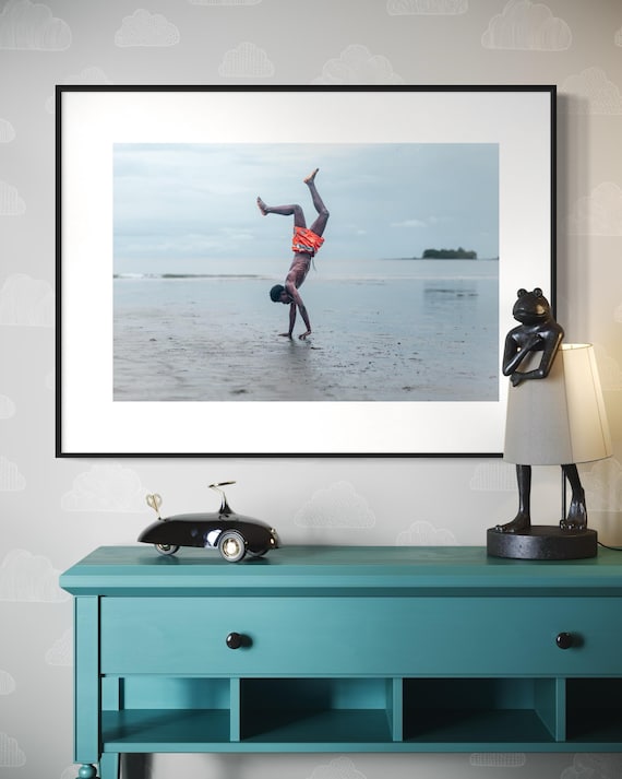 Fine Art Print - Coastal Soccer Beach Handstand Wall Art, World Travel Decor for Living Room, Kids Room, Game Room, basement, Office, Gift