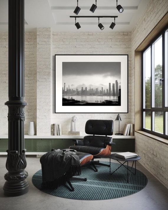 Moody NYC River Skyline Black White Monochrome - Foggy NYC Skyline Wall Art Print | Urban Industrial Landscape Photography Poster