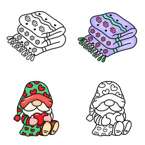 May include: Two gnomes wearing green and red hats with hearts on them. One gnome is holding a red heart. The gnomes are sitting down with their legs crossed. There are two stacks of folded blankets with hearts and flowers on them. One stack is purple and the other is black and white.