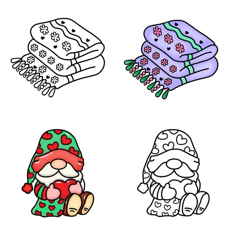 May include: Two gnomes wearing green and red hats with hearts on them. One gnome is holding a red heart. The gnomes are sitting down with their legs crossed. There are two stacks of folded blankets with hearts and flowers on them. One stack is purple and the other is black and white.