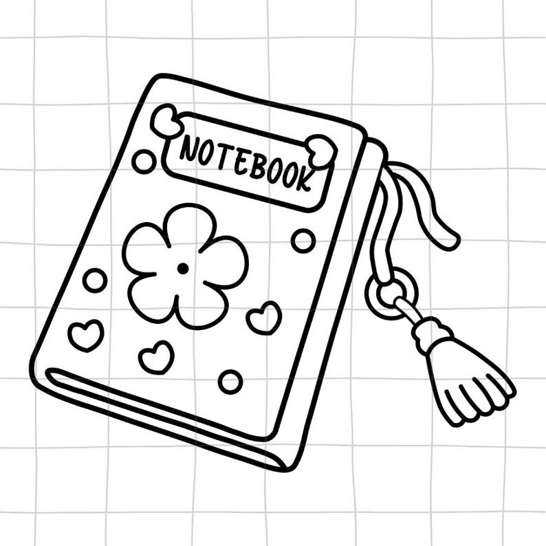 May include: A black and white line drawing of a notebook with a flower, hearts, and the word "NOTEBOOK" on the cover. The notebook has a tassel.